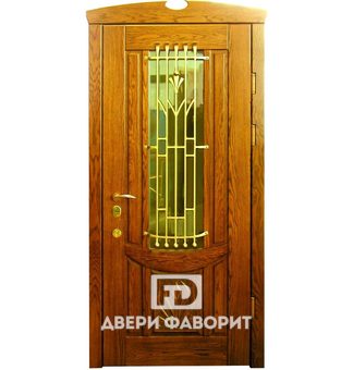 Дверь входная с ковкой и стеклопакетом, отделка массив дерева